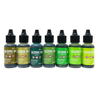 Greens Alcohol Inks Set | Tim Holtz Alcohol Inks Shades of Green 7-Pack | Willow, Citrus, Bottle, Oregano, Meadow, Limeade, Botanical | 10 Pixiss Alcohol Ink Blending Tools - color: Green