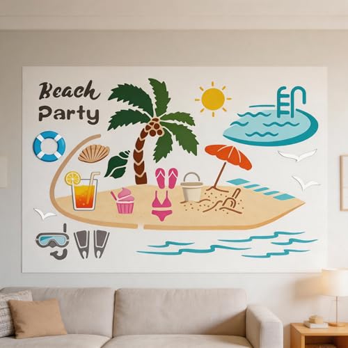 TIAMECH A4 Reusable Summer Beach Party Stencil for Painting | Tropical Seaside Layering Template, DIY Wall Art, Wood Furniture, Scrapbook & Crafts (8.3x11.7inch) - style: Summer Beach Party