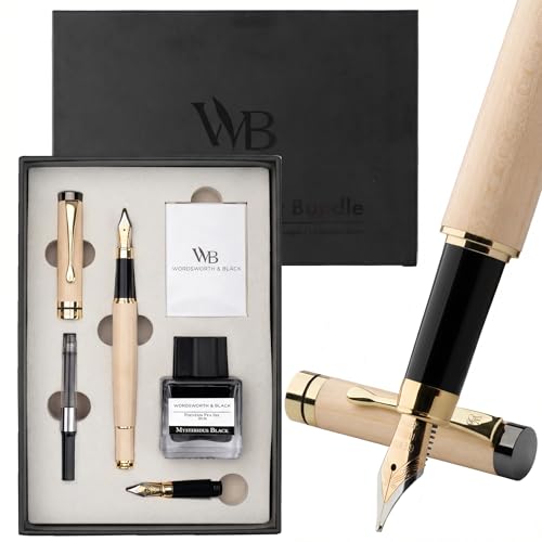 Wordsworth & Black Fountain Pen Set, Luxury Bamboo Wood - Medium Nib, Extra Fine Nib, Gift Case; 25ML Black Ink Bottle, 6 Ink Cartridges, Refill Converter - Calligraphy, Writing [Maple Wood] - color: Maple Wood