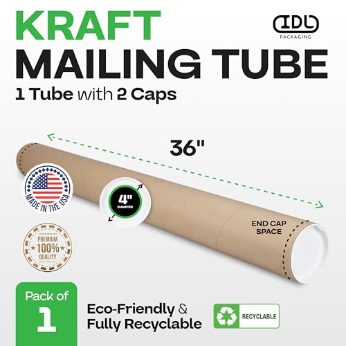 IDL Packaging 4” x 36” Cardboard Mailing Tube, Made in the USA - Reinforced Shipping Cylinder for Posters, Blueprints, Documents & Artwork, with Plastic End Caps - size: 4" x 36"