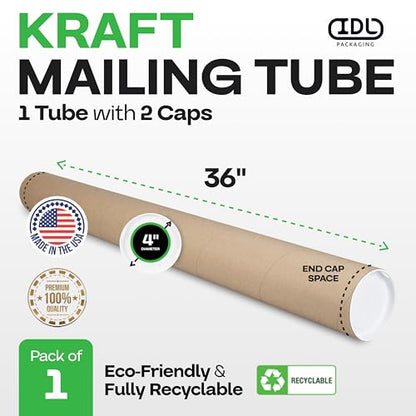 IDL Packaging 4” x 36” Cardboard Mailing Tube, Made in the USA - Reinforced Shipping Cylinder for Posters, Blueprints, Documents & Artwork, with Plastic End Caps - size: 4" x 36"