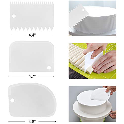 4 Packs Offset Spatula, Stainless Steel Cake Icing Spatula Set 4” 6” 8” 10”with Wooden Handle and 3 Packs Cake Smoother Scraper Set for Cake Decorating, Baking (Angled)