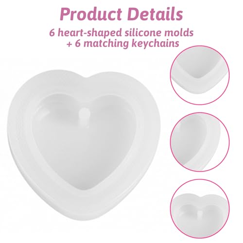 6 Pcs Heart Resin Mold with Key Rings and Hole Love Heart Shape Silicone Molds for Resin Silicone Jewelry Casting Cute Hearts Casting Molds for DIY Craft Jewelry Pendant Earring