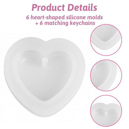6 Pcs Heart Resin Mold with Key Rings and Hole Love Heart Shape Silicone Molds for Resin Silicone Jewelry Casting Cute Hearts Casting Molds for DIY Craft Jewelry Pendant Earring