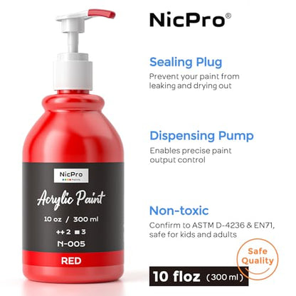 Nicpro 14 Colors Acrylic Paint Set (10oz/300ml), Large Bulk Acrylic Paints kits Rich Pigment Art Painting Supplies for Artists, Beginners, Adults on Rock Crafts Canvas, Wood, Ceramic with Pump - color: 10oz 14colors