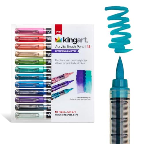 KINGART Acrylic Paint Markers Brush Tip, 12 Lettering Colors. Water-based, no-bleed, waterproof pens with automatic ink control for rock, egg, wood, fabric, glass & DIY crafts - color: Lettering