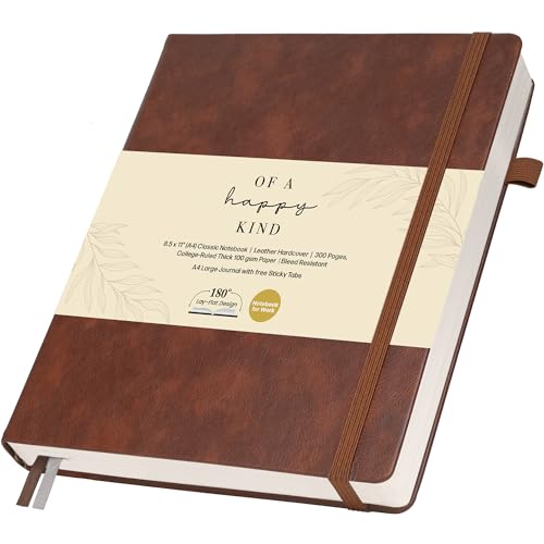 Thick Lined Journal Notebook 8.5x11" with Big A4 Hardcover Leather - Brown - 300 Pages College Ruled Large with Sticky Tabs, Pockets, and Pen Loop for Writing and Journaling - Hardback Men and Women - color: Brown, size: A4 300 Pages