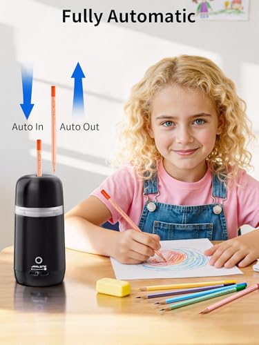JARLINK Automatic Electric Pencil Sharpener - Hands-Free Operation, 3 Sharpness Modes, 3-Second Sharpening, Rechargeable & Portable for 7-12mm Pencils, Ideal for Classroom and Home Use (Black) - color: Black