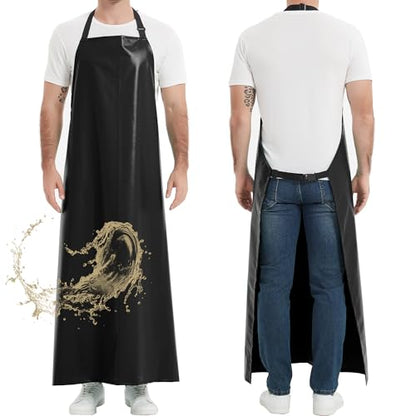 Thicker Rubber Apron, Extra Long Adjustable Apron, Heavy Duty Oil&Chemical Resistant Waterproof Work Aprons - color: Black