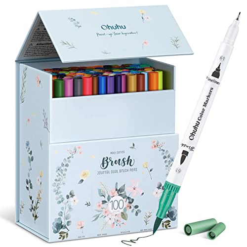 Ohuhu Markers for Adult Coloring Books No Bleeding 100 Colors Coloring Markers Water-based Dual Tips Fineliner & Brush Drawing Pens Art Pens for Kids Adults Sketch Journal - Maui - White - color: White Pen, size: 1 Count (Pack of 100)