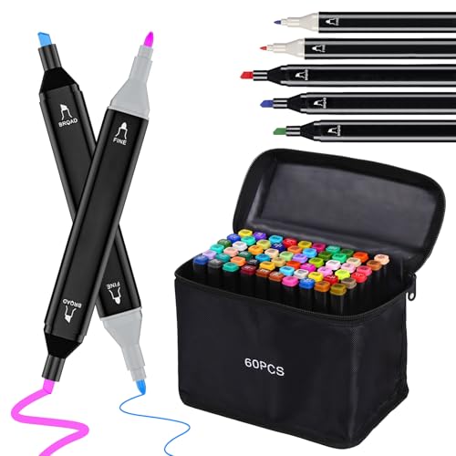 60 Colors Dual Tip Alcohol Markers, Dual Tips Art Markers, Permanent Sketch Marker Set for Adults Coloring, Painting, Sketching, Illustrations - color: 60 Colors