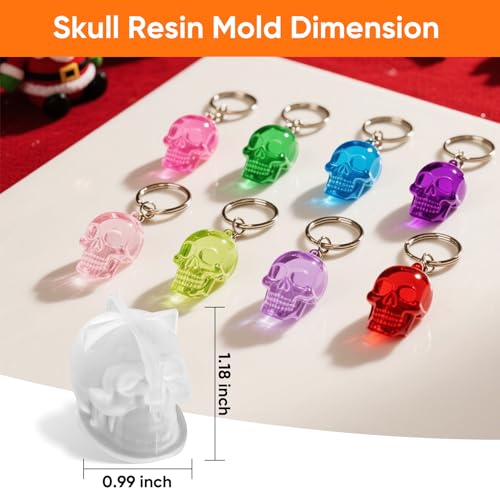 Resin Skull Molds, 8 PCS Flexible Clear Silicone Molds with Key Ring Accessory, 3D Skull Head Molds for Candle Making, Home Decor & Halloween Decoration