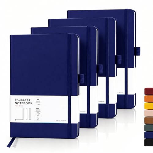 PAGELYST Dotted Journal Notebook, 200 Pages,4 Pack Leather Bullet Journal for Women Men, A5 Medium 5.7'' x 8.3'', 100 GSM Thick Paper for Journaling, Planning, Tracking (Dark Blue) - color: Dark Blue, size: A5-Dotted