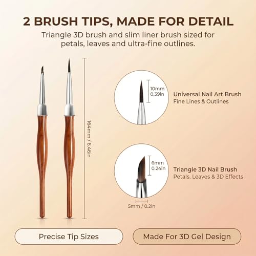 2Pcs Nail Art Brush Set, Multi-Functional 3D Nail Pen for Gel Extensions, Builder Nail Gel Design and Home DIY Manicure (Wood Color) - color: Wood Color 2PCS