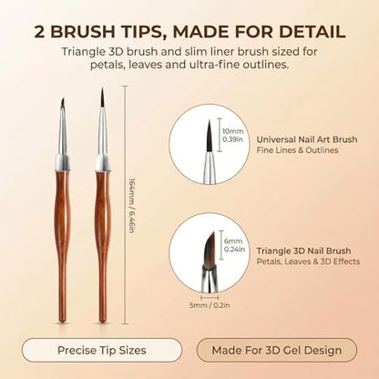 2Pcs Nail Art Brush Set, Multi-Functional 3D Nail Pen for Gel Extensions, Builder Nail Gel Design and Home DIY Manicure (Wood Color) - color: Wood Color 2PCS