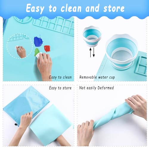 DIYDEC Silicone Craft Mat 20X16 Inch Large Silicone Art mat with Detachable Cup Painting Mat with 10 Painting Brushes Silicone Drawing Mat Sheets for Kids Adult DIY Accessories (Blue) - color: Blue