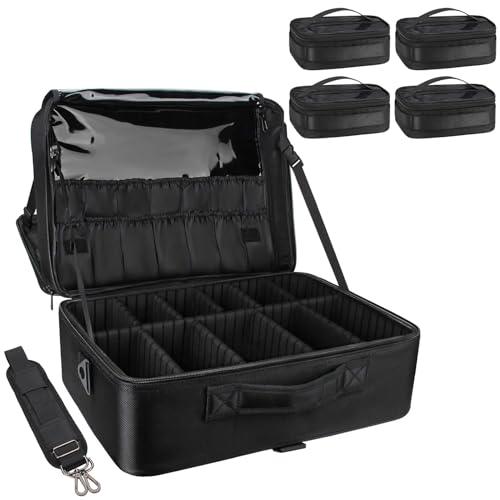 Relavel Extra Large Makeup Case with 4 Pcs Makeup Bags, Professional Makeup Artist Set Portable Nail Organizer Box Art Supply Case with Adjustable Dividers (5 Pack, black) - color: Black with 4 Makeup Bags, size: Extra Large