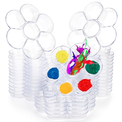 Foraineam 30 Pack Plastic Paint Tray Palettes, 7 Well Flower Petal Painting Dish Watercolor Mixing Palette, Artist Clear Paint Holder Tray Craft Supplies for Oil Acrylic Watercolor Gouache