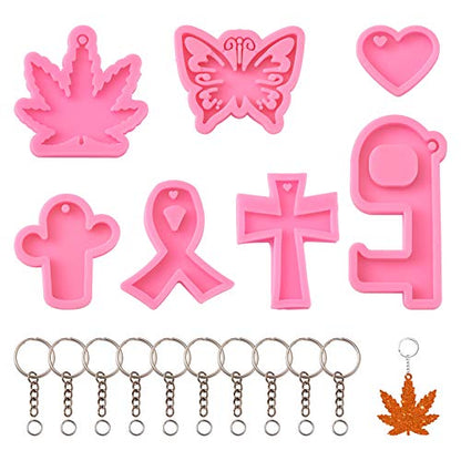 Craftdady 7pcs Key Chain Pendant Silicone Molds Maple Leaf Butterfly Ribbon Heart Cross Cactus Resin Casting Molds with Key Rings Jump Rings for Keychain Jewelry Craft Making - color: Pink