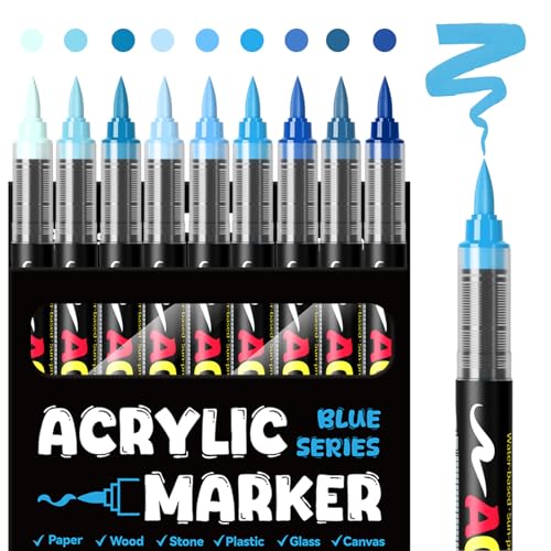 Blue Acrylic Paint Markers, 9 Colors Direct Liquid Acrylic Paint Pens with Brush Tip, No Bleed Water-Based Marker for Black Paper, Rock Painting, Wood, Glass, Fabric, Ceramic, DIY Crafts - color: Sea Salt Blue