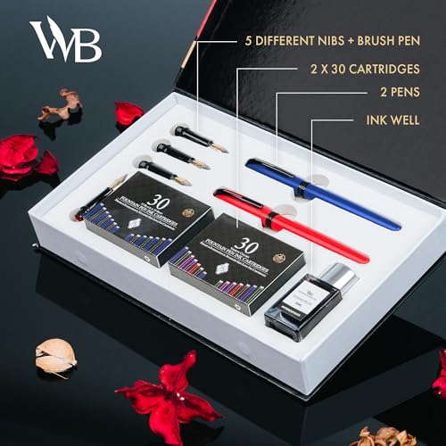 Wordsworth and Black Fountain Pen Set - Blue - Includes 2 Pens, 18 ML Ink Bottle, 60 Ink Cartridges, A Refill Converter, 1 Medium and 4 Broad Nibs, Brush Pen - Fountain Pen Kit for Beginners - color: Red and Blue