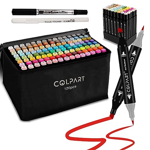 colpart 120 Colors Alcohol Markers Brush Tip Dual Tip Art Markers for Kids Marker Pens with Pen Holder and Case for Adult Coloring Painting Perfect for Painting,Sketching and Drawing Christmas Gift - style: 120 Brush