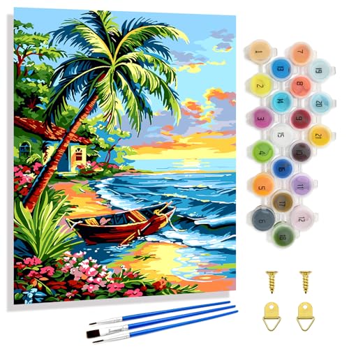 Yunnuo Landscape Paint by Numbers Kit for Adults Beginner,Beach Adult Paint by Numbers on Canvas with Acrylic Paint and 3 Brush,Cottage-Wooden Boat Painting by Numbers for Home Decor Gifts(20x16 inch) - color: B-006-Seaside