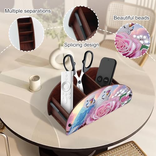 DIY Diamond Painting Tabletop Holder Lovebirds and Rose Design Handmade 5D Diamond Art Storage Box for TV AC Remotes Makeup Brushes Office Desktop Craft Valentine's Day Gift - color: Dove & Rose