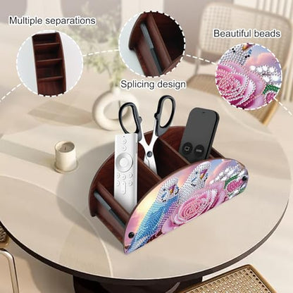 DIY Diamond Painting Tabletop Holder Lovebirds and Rose Design Handmade 5D Diamond Art Storage Box for TV AC Remotes Makeup Brushes Office Desktop Craft Valentine's Day Gift - color: Dove & Rose