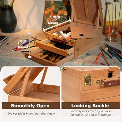 DJAR Adjustable Tabletop Sketchbox Easel for Painting, 3 Drawers Storage | Sturdy Beechwood Desktop Easel for Adults, Beginners and Artists, Portable Organizer for Painting, Sketching & Art supplies - style: Tabletop Easel