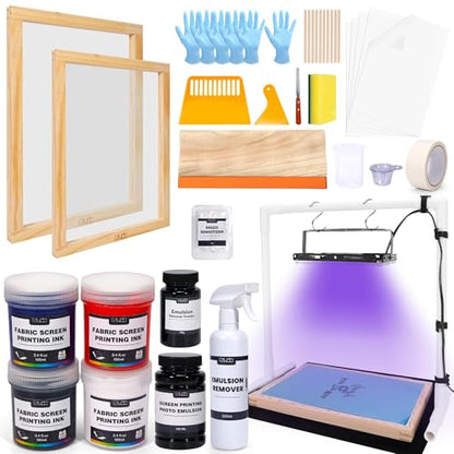 Caydo 51PCS All-in-One Screen Printing Kit with 50W LED UV Screen Printing Light, 4 Colors Screen Printing Ink, Photo Emulsion, Screen Printing Frames