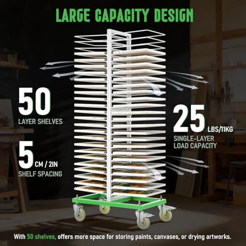 50-Shelf Paint Drying Rack for Cabinet Doors&Woodworking, Heavy Duty Mobile Cabinet Drying Rack with Locking Casters, 25 lbs per Shelf&2.1" Gap,Space-Saving Vertical Storage for Workshops/Paint Shops