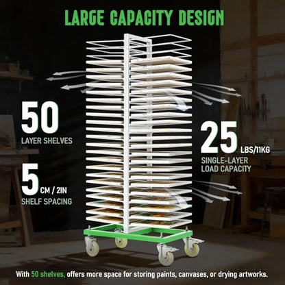 50-Shelf Paint Drying Rack for Cabinet Doors&Woodworking, Heavy Duty Mobile Cabinet Drying Rack with Locking Casters, 25 lbs per Shelf&2.1" Gap,Space-Saving Vertical Storage for Workshops/Paint Shops