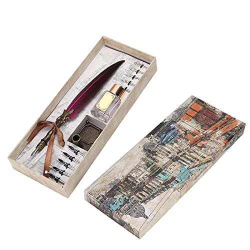 Vintage Pen Set, Retro Writing Suit with Stainless Steel Nibs and Glass Ink Bottle, Complete Calligraphy Gift Box for Lovers Teachers Classmates (Purple) - color: Purple