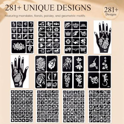 Koogel 281PCS Semi Permanent Tattoo, 12 Sheets Henna Women Tattoo Stencil Temporary Stickers for Face Paint Body Art - color: Black3