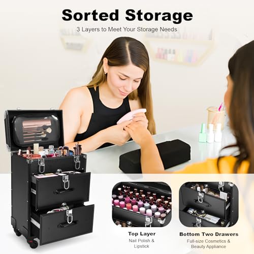 Lockable Makeup Train Case,110lbs Rolling Hairdressing Trolley,Beauty Salon Cosmetic Luggage with Universal Wheels for Hair Stylist,Make-up Artists,Hairdressers (Black 5) - color: Black 5