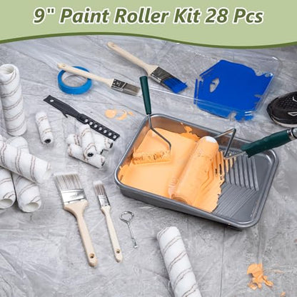 Mister Rui 28 Pack Paint Roller Kit with Extension Pole, 4" & 9" Paint Roller with Tray, Professional Paint Brushes Set, Painting Supplies for Home Interior, Walls, Ceilings