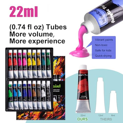 koseibal Acrylic Paint Set for Kids, Art Painting Supplies Kit with 18 Paints, 5 Canvas Panels, 8 Brushes, Table Easel, Etc, Premium Paint Set for Students, Artists and Beginner - color: 18 acrylic paints