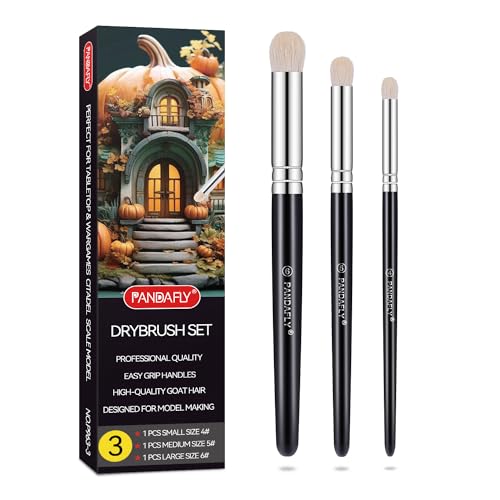 PANDAFLY Drybrush Set, 3 Sizes Hobby Detail Paint Brush Set, Acrylic Paint Brushes for Tabletop, Citadel, Scale Model, Watercolor Oil Painting - size: 3 Sizes