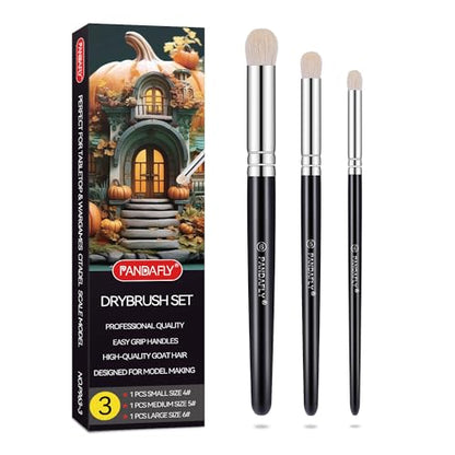 PANDAFLY Drybrush Set, 3 Sizes Hobby Detail Paint Brush Set, Acrylic Paint Brushes for Tabletop, Citadel, Scale Model, Watercolor Oil Painting - size: 3 Sizes