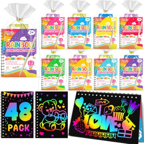 Scratch Paper Art Party Favors for Kids: 48 Pack Rainbow Scratch Notebook, Goodie Bags Stuffers Coloring Books Party Favors for Kids 3-12, Bulk Classroom Birthday Gifts for Student - style: 48 Pack