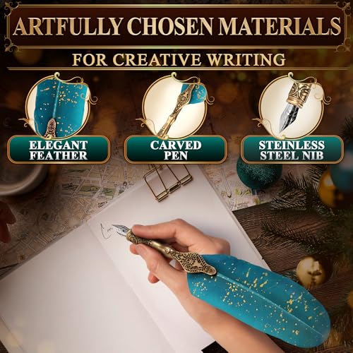 Feather Quill Pen and Ink Set – Stainless Steel Dip Pen Writing Quill and Ink Set with 5 Replacement Nibs, Non-Slip Knurled Grip, Display Stand and Elegant Gift Box – Calligraphy Gift Set (Turquoise) - color: Turquoise