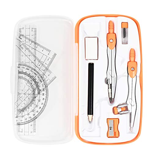 Vobou Math Geometry Kit Sets 10 Piece Student Supplies with Shatterproof Storage Box,Includes Rulers,Protractor,Compass,Eraser,Pencil Sharpener,Lead Refills,Pencil,for Drafting（Orange） - color: Orange