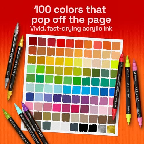 ARTISTRO 100 Acrylic Glass Paint Markers - Paint Pens for Glass Marking, Rock Painting, Ceramic, Wood, Fabric, DIY, Craft, Canvas - Art and Craft Supplies for Adults, Teens, Kids (Brush + Fine Tips) - style: Dual Tip Brush + Fine