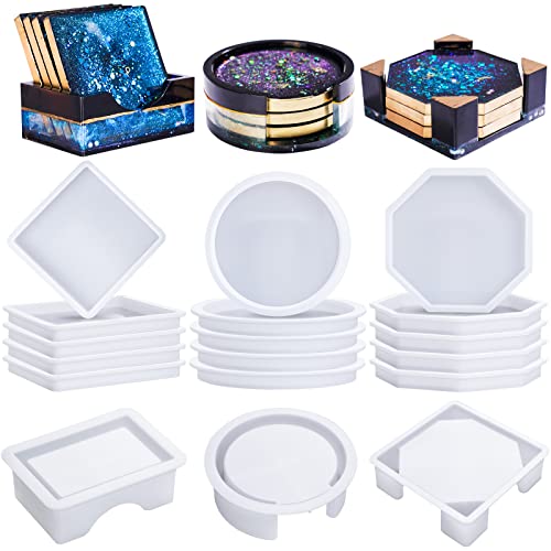 LET'S RESIN 18 Pcs Coaster Resin Molds Silicone, Coaster Molds with Round Square Octagon Shape Holder Molds for Epoxy Resin, DIY Art Craft Cup Mats - size: Thin Coaster