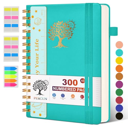 PERCUN Spiral Notebook 300 Numbered Lined Pages Hardcover Journal 5.9"x8.5" | College Ruled Spiral Bound Notebook with Tabs, A5 Leather Journal for Women Men, Work, School, Travel, Writing & Note Taking - color: Blue, size: A5 size (5.9in x 8.5in)