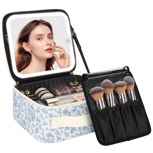 Chomeiu Makeup Bag with LED Mirror, Travel Cosmetic Bags for Women Girls Portable Train Case Makeup Artists Storage Organizer Box with Light Up Mirror 3 Color Lights, Floral Print - color: 02-Floral Print, size: A-Small