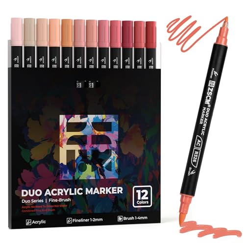 ZSCM QUALITY DECIDES THE FUTURE 12 Red Acrylic Paint Markers, Dual Tip Acrylic Brush Pens with Fine Tip & Brush Point, Vibrant Red Acrylic Markers for Wood Canvas Stone Glass Rock Painting - color: 12 Red