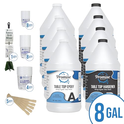 Promise Epoxy Table Top Epoxy Resin 8-Gallon Kit with Accessories – Clear Coat for Table Top Art with Mixing Cups, Stir Sticks, and Helix Drill Mixer