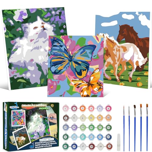 Paint-by-Numbers for Kids Ages 8-12 - Acrylic Paint Set, Paint by Numbers, Glow in The Dark, DIY Craft, Include 3 Canvas Framed with 30 Pots, 5 Brushes, Horse Paint by Number, Wooden Crafts to Paint - color: Glowing Cat